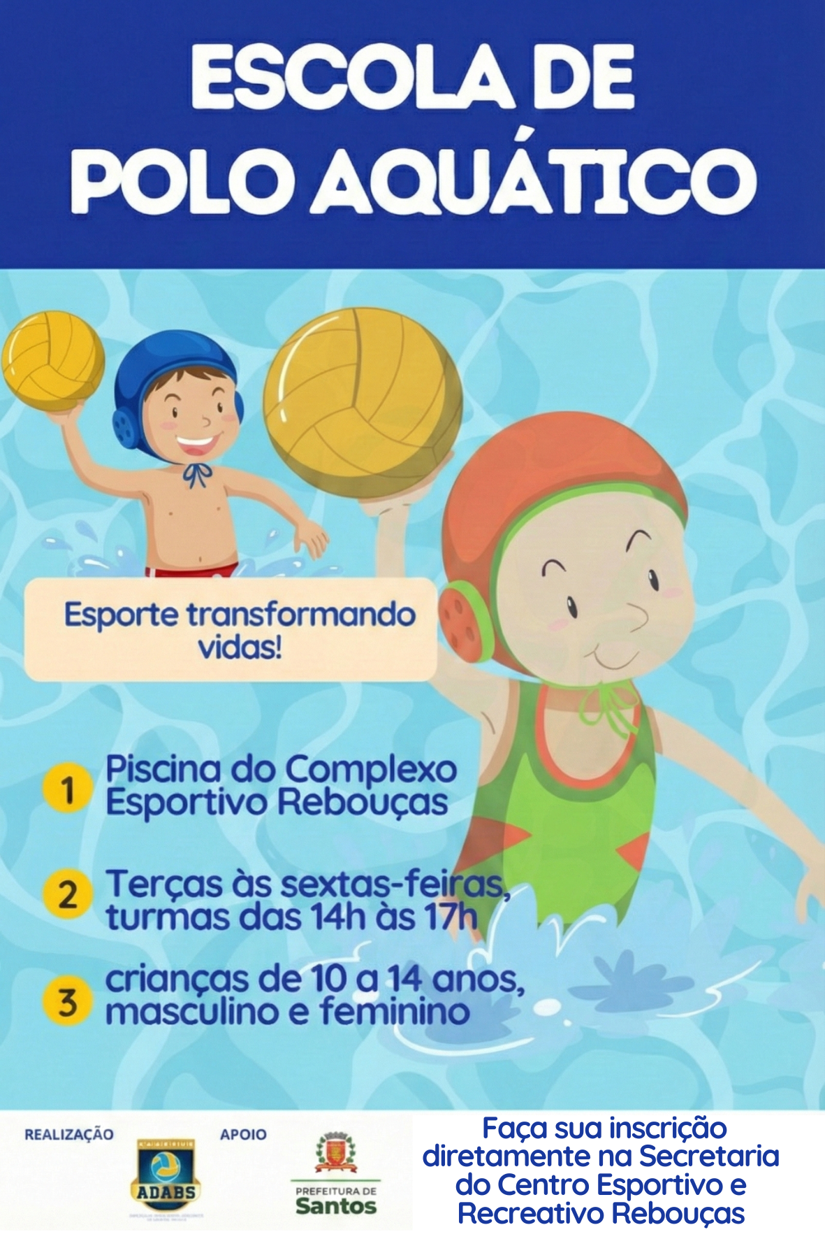 Abertas inscrições para aulas gratuitas de polo aquático para crianças de 10 a 14 anos